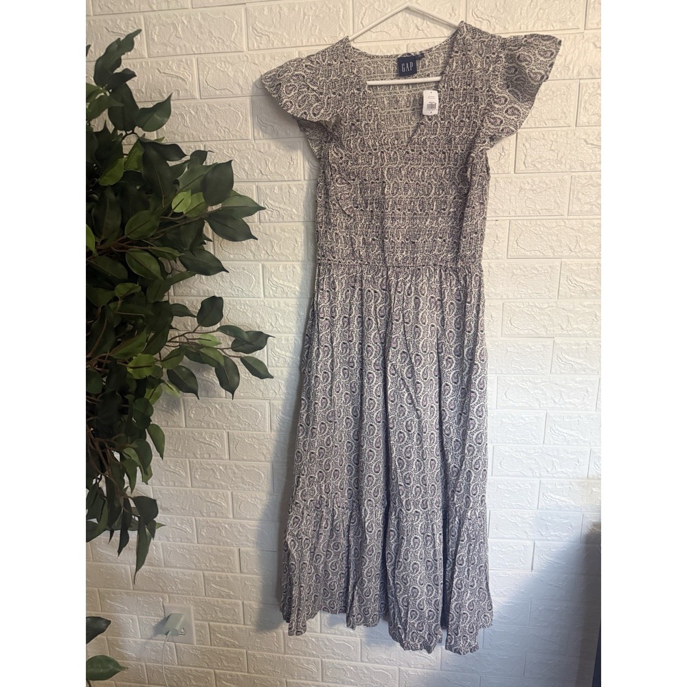 Gap Women Paisley Print Smocked Fit & Flare Midi Dress Sleeveless V-Neck S NEW